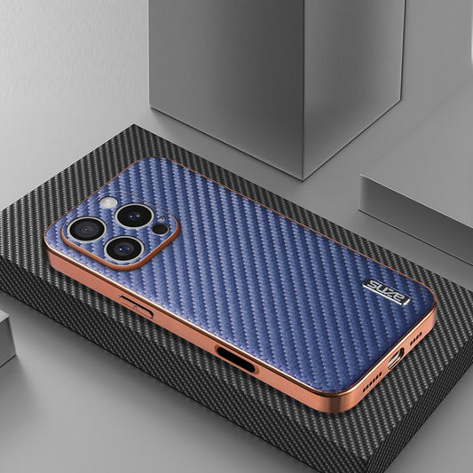 For iPhone 16 Pro AZNS Electroplated Edge Carbon Fiber Texture Phone Case(Blue) by AZNS