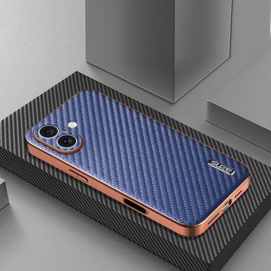For iPhone 16 Plus AZNS Electroplated Edge Carbon Fiber Texture Phone Case(Blue) by AZNS