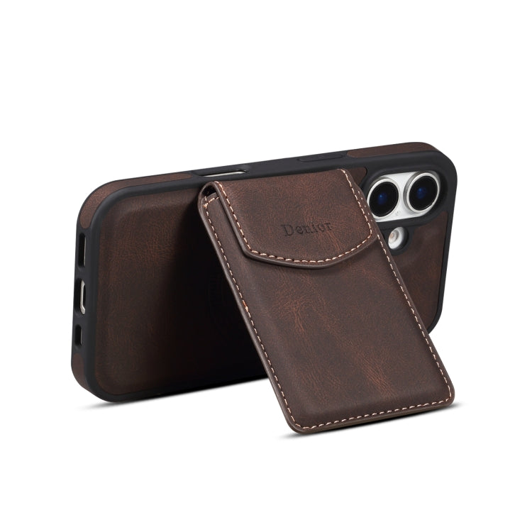 For iPhone 16 Plus Denior D20 Skin Feel MagSafe Holder Detachable Card Slot Phone Case(Brown) by Denior