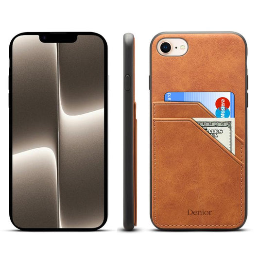 For iPhone 16e Denior D09 PU Dual Card Slot Back Cover Phone Case(Brown) - iPhone 16e Cases by Denior | Online Shopping UK | buy2fix