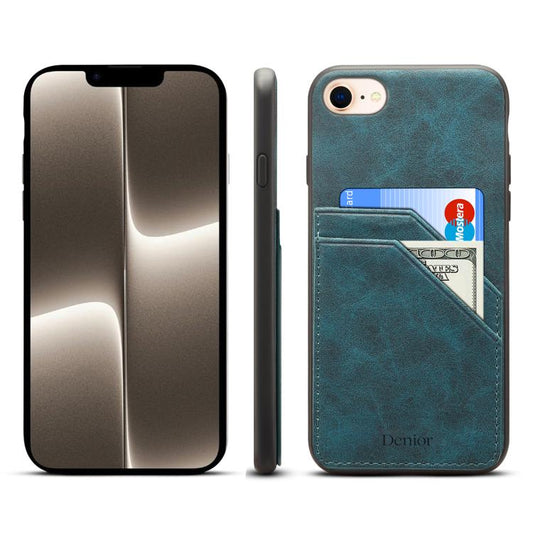 For iPhone 16e Denior D09 PU Dual Card Slot Back Cover Phone Case(Blue) - iPhone 16e Cases by Denior | Online Shopping UK | buy2fix