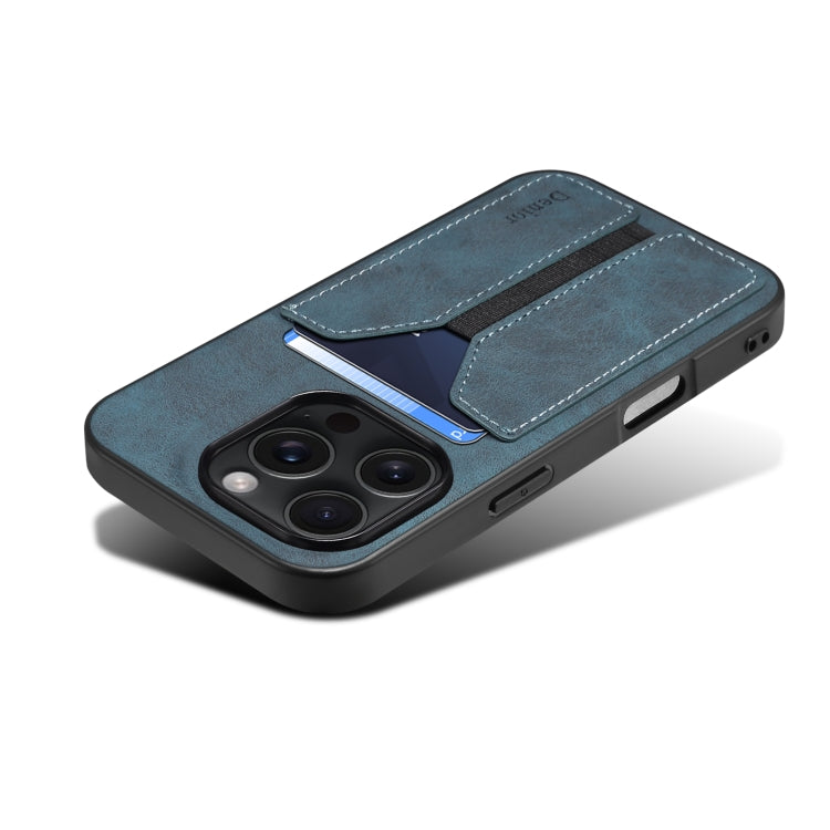 For iPhone 16 Plus Denior D07 DV Elastic Card Slot PU Back Cover Phone Case(Blue) by Denior