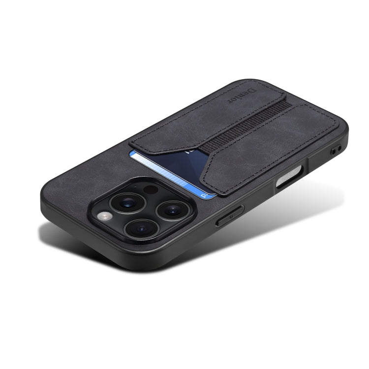 For iPhone 16 Pro Max Denior D07 DV Elastic Card Slot PU Back Cover Phone Case(Black) by Denior