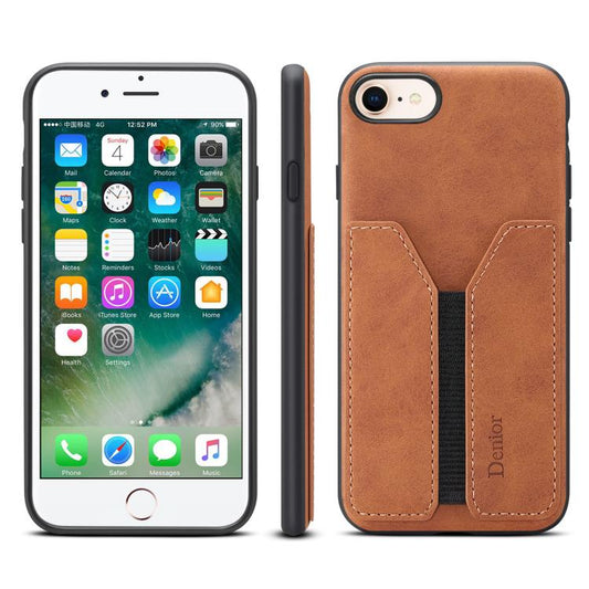 For iPhone 16e Denior D07 DV Elastic Card Slot PU Back Cover Phone Case(Brown) - iPhone 16e Cases by Denior | Online Shopping UK | buy2fix