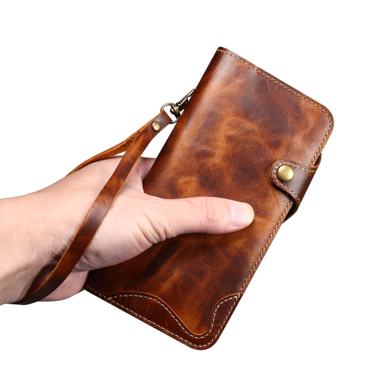 For iPhone 16 Pro Max Denior B01 Oil Wax Cowhide Magnetic Button Genuine Leather Case(Black) by Denior