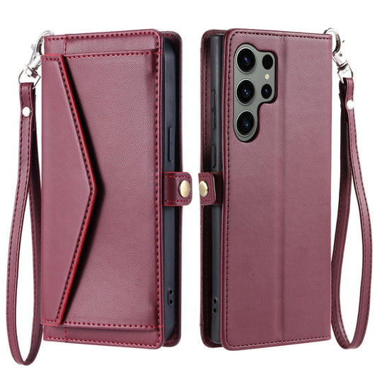 For Samsung Galaxy S25 Ultra 5G Wallet Multi-card Slot Leather Phone Case with Lanyard(Wine Red) by buy2fix
