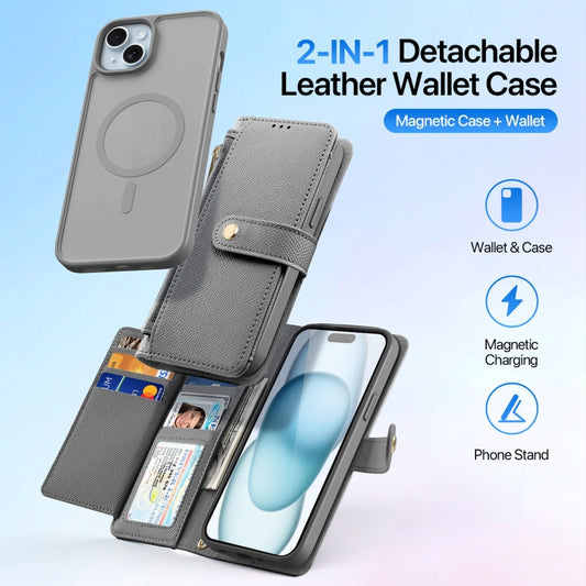 For iPhone 15 DUX DUCIS Lawa Series 2 in 1 Wallet Zipper Detachable MagSafe Phone Case with Lanyard(Grey) by DUX DUCIS