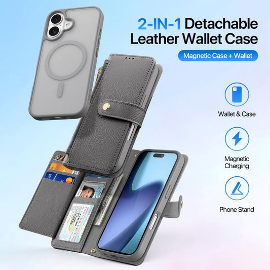 For iPhone 17 DUX DUCIS Lawa Series 2 in 1 Wallet Zipper Detachable MagSafe Phone Case with Lanyard(Grey) - iPhone 17 Cases by DUX DUCIS | Online Shopping UK | buy2fix