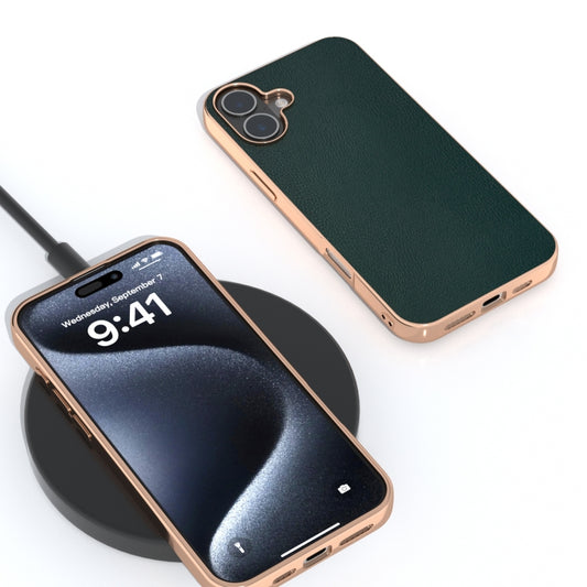 For iPhone 16 Plus PU Leather Electroplating Frame Full Coverage Phone Case(Green) by buy2fix