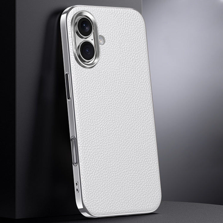 For iPhone 16 First Layer Cowhide Leather Electroplated PC Phone Case(White) - iPhone 16 Cases by buy2fix | Online Shopping UK | buy2fix