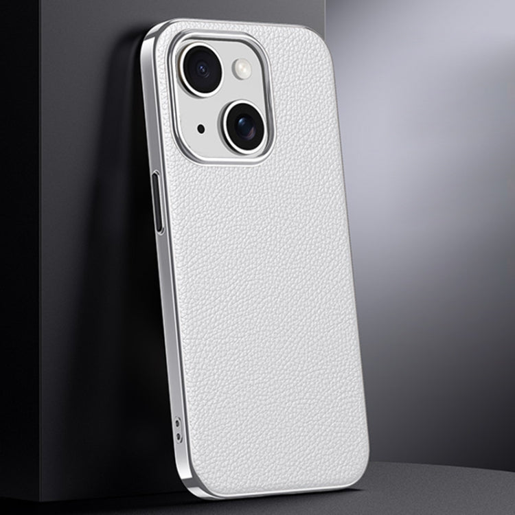 For iPhone 15 First Layer Cowhide Leather Electroplated PC Phone Case(White) - iPhone 15 Cases by buy2fix | Online Shopping UK | buy2fix