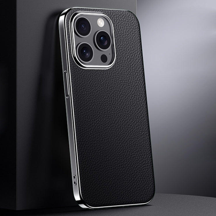For iPhone 14 Pro Max First Layer Cowhide Leather Electroplated PC Phone Case(Black) - iPhone 14 Pro Max Cases by buy2fix | Online Shopping UK | buy2fix