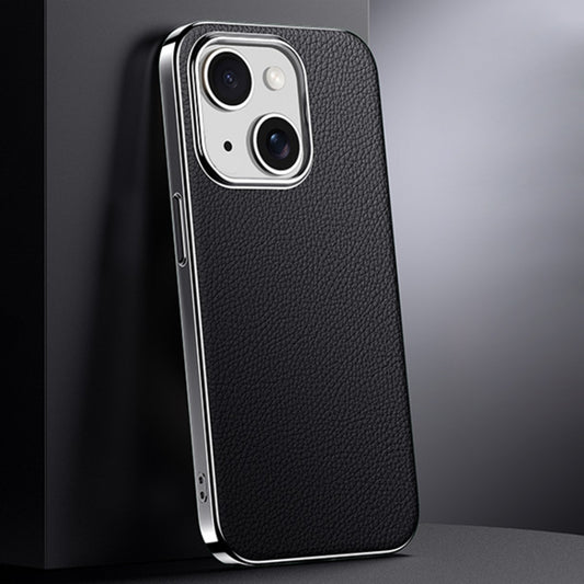For iPhone 13 First Layer Cowhide Leather Electroplated PC Phone Case(Black) - iPhone 13 Cases by buy2fix | Online Shopping UK | buy2fix
