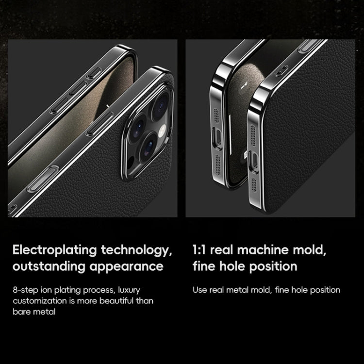 For iPhone 15 Pro First Layer Cowhide Leather Electroplated PC Phone Case(Green) - iPhone 15 Pro Cases by buy2fix | Online Shopping UK | buy2fix