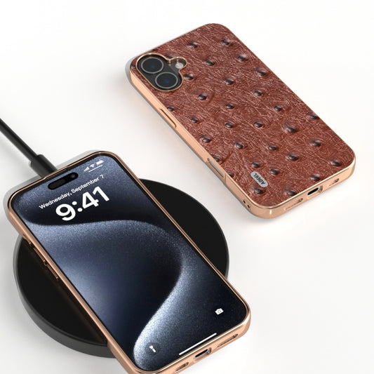 For iPhone 16 Plus ABEEL Electroplating Frame Genuine Leather Ostrich Texture Phone Case(Coffee) by buy2fix