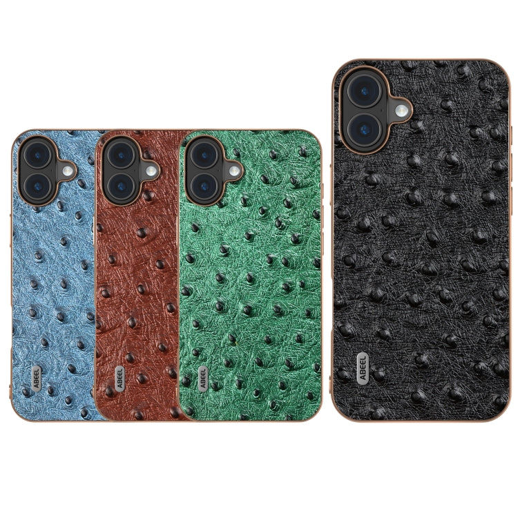 For iPhone 16 ABEEL Electroplating Frame Genuine Leather Ostrich Texture Phone Case(Coffee) by buy2fix