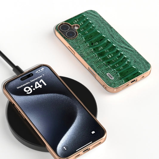 For iPhone 16 ABEEL Electroplating Frame Genuine Leather Weilai Series Phone Case(Green) by buy2fix