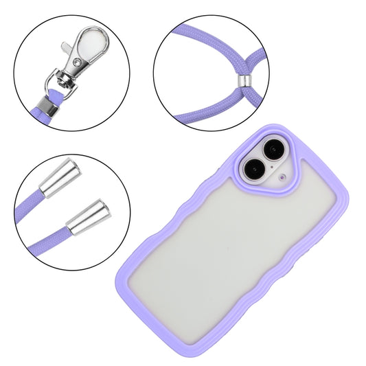 For iPhone 16 Candy Color Wave TPU Clear PC Phone Case with Lanyard(Purple) by buy2fix