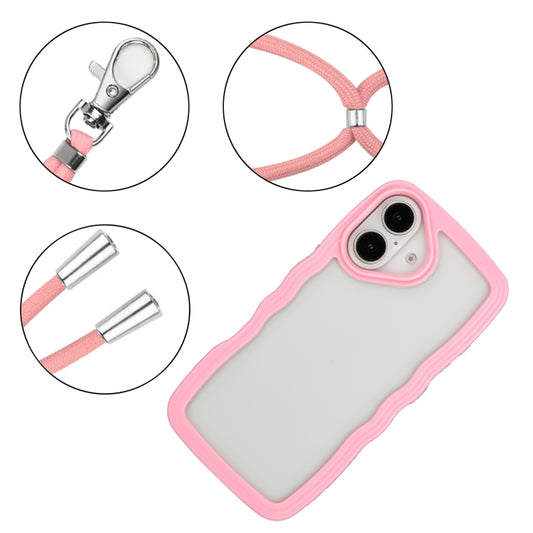 For iPhone 16 Candy Color Wave TPU Clear PC Phone Case with Lanyard(Pink) by buy2fix