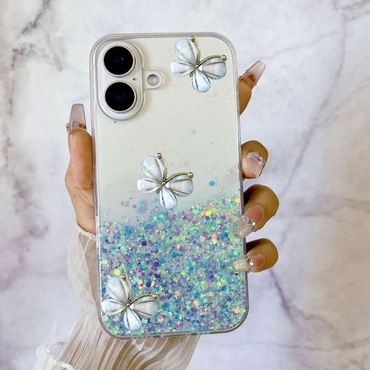For iPhone 16 Plus Luminous Starry Sky Glitter Butterfly TPU Phone Case(Blue) by buy2fix