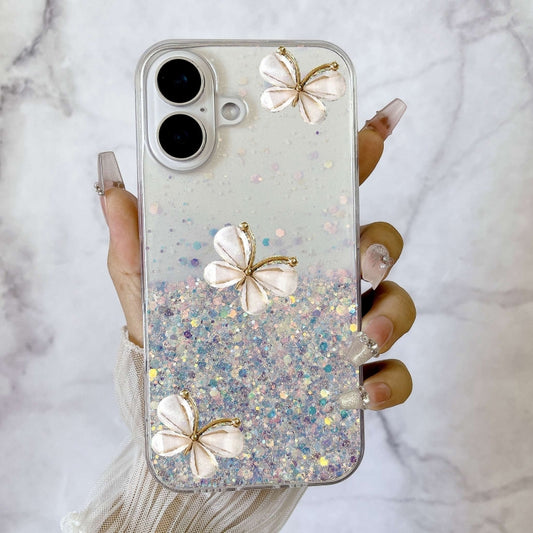 For iPhone 16 Plus Luminous Starry Sky Glitter Butterfly TPU Phone Case(White) by buy2fix