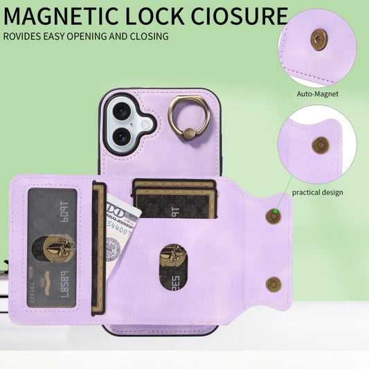 For iPhone 16 Plus Skin Feel Card Bag Phone Case with Ring Buckle(Purple) by buy2fix
