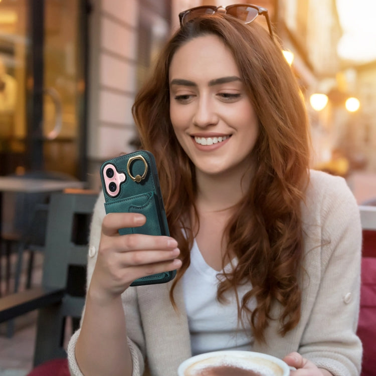 For iPhone 16 Skin Feel Card Bag Phone Case with Ring Buckle(Green) by buy2fix