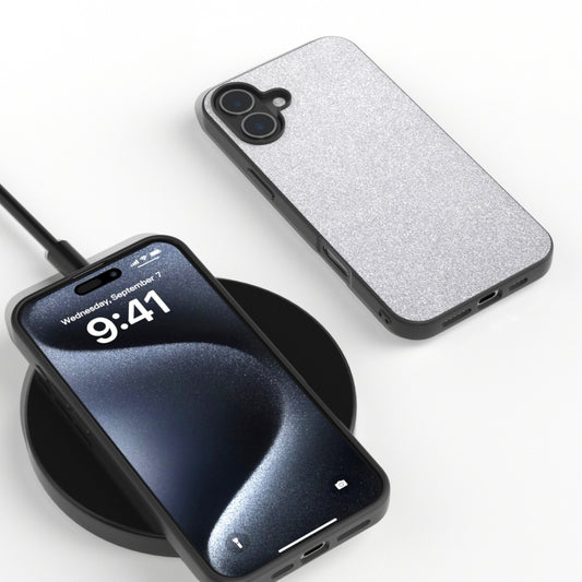 For iPhone 16 Black Frame Glitter Shockproof Phone Case(Silver) by buy2fix