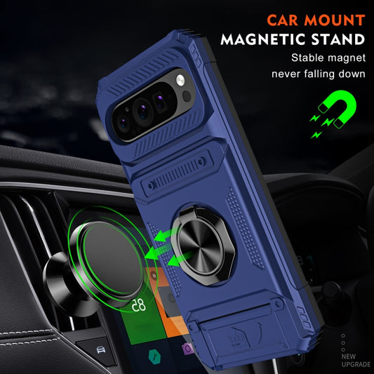 For Google Pixel 9 Pro XL TPU Hybrid PC Shockproof Card Phone Case with Metal Ring Holder(Blue) by buy2fix