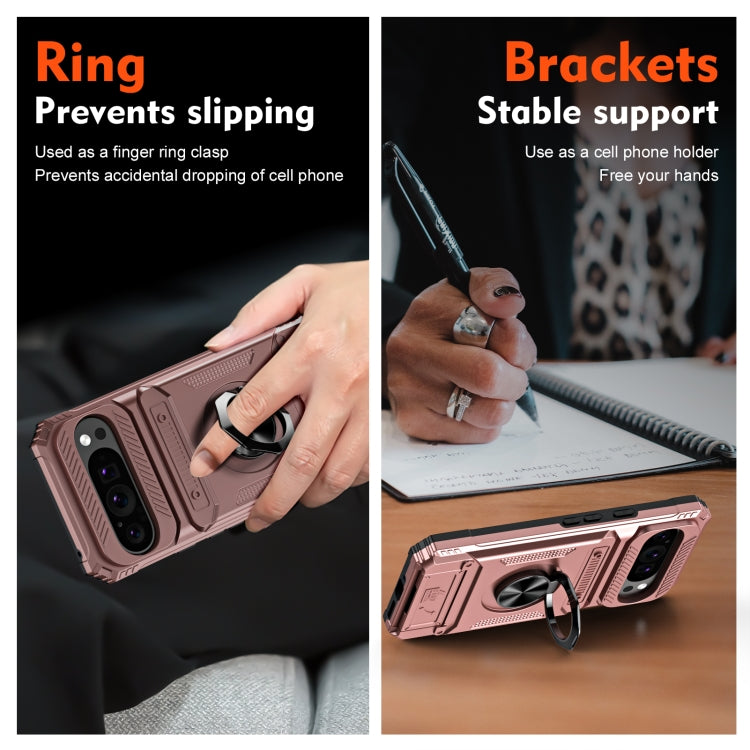 For Google Pixel 9 / 9 Pro TPU Hybrid PC Shockproof Card Phone Case with Metal Ring Holder(Rose Gold) by buy2fix