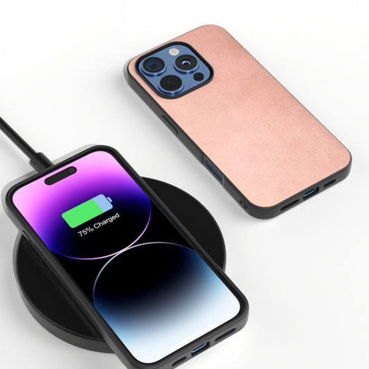 For iPhone 16 Pro Max Black Frame Two-color Calf Texture PU Phone Case(Pink) by buy2fix