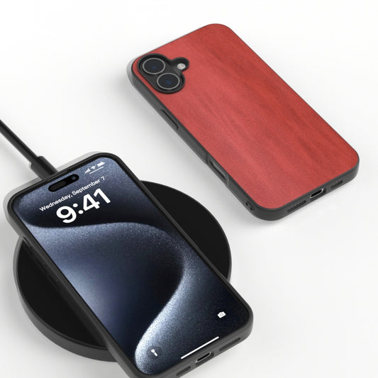 For iPhone 16 Black Frame Two-color Calf Texture PU Phone Case(Red) by buy2fix