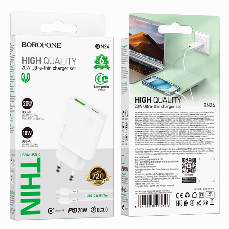BOROFONE BN24 PD 20W USB, Type-C Charger with 1m Type-C to 8 Pin Cable Set, Plug Type:EU Plug(White) - USB Charger by Borofone | Online Shopping UK | buy2fix