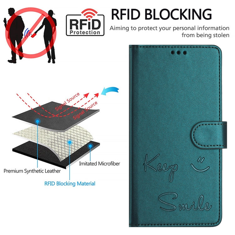 For iPhone 16 Pro Max Smile Embossing RFID Leather Phone Case(Peacock Green) by buy2fix