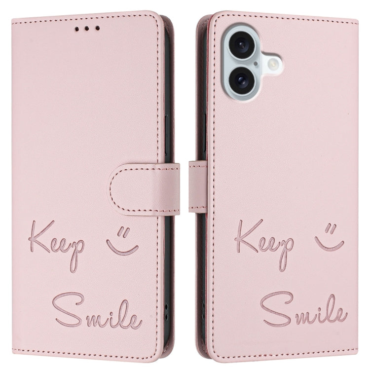 For iPhone 16 Plus Smile Embossing RFID Leather Phone Case(Pink) - iPhone 16 Plus Cases by buy2fix | Online Shopping UK | buy2fix