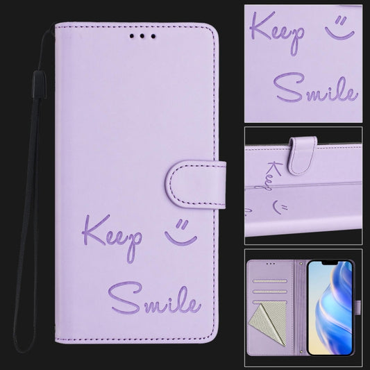 For iPhone SE 2024 Smile Embossing RFID Leather Phone Case(Light Purple) by buy2fix