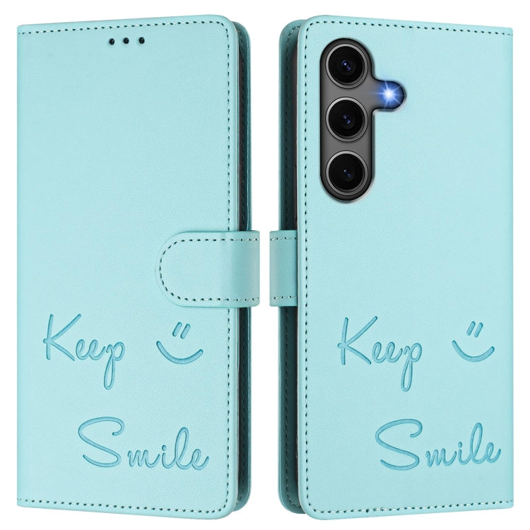 For Samsung Galaxy S25+ 5G Smile Embossing RFID Leather Phone Case(Mint Green) - Galaxy S25+ 5G Cases by buy2fix | Online Shopping UK | buy2fix