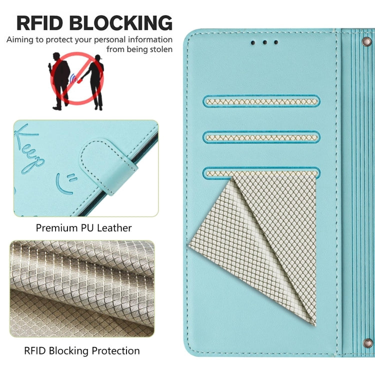 For Samsung Galaxy S25+ 5G Smile Embossing RFID Leather Phone Case(Mint Green) - Galaxy S25+ 5G Cases by buy2fix | Online Shopping UK | buy2fix