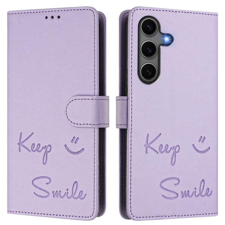 For Samsung Galaxy S25+ 5G Smile Embossing RFID Leather Phone Case(Light Purple) - Galaxy S25+ 5G Cases by buy2fix | Online Shopping UK | buy2fix