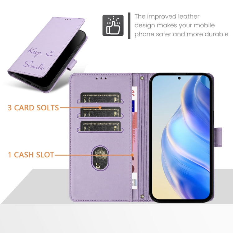 For Samsung Galaxy S25+ 5G Smile Embossing RFID Leather Phone Case(Light Purple) - Galaxy S25+ 5G Cases by buy2fix | Online Shopping UK | buy2fix