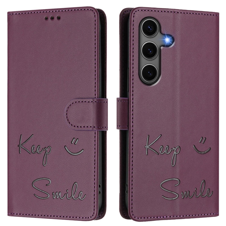 For Samsung Galaxy S25+ 5G Smile Embossing RFID Leather Phone Case(Violet) - Galaxy S25+ 5G Cases by buy2fix | Online Shopping UK | buy2fix