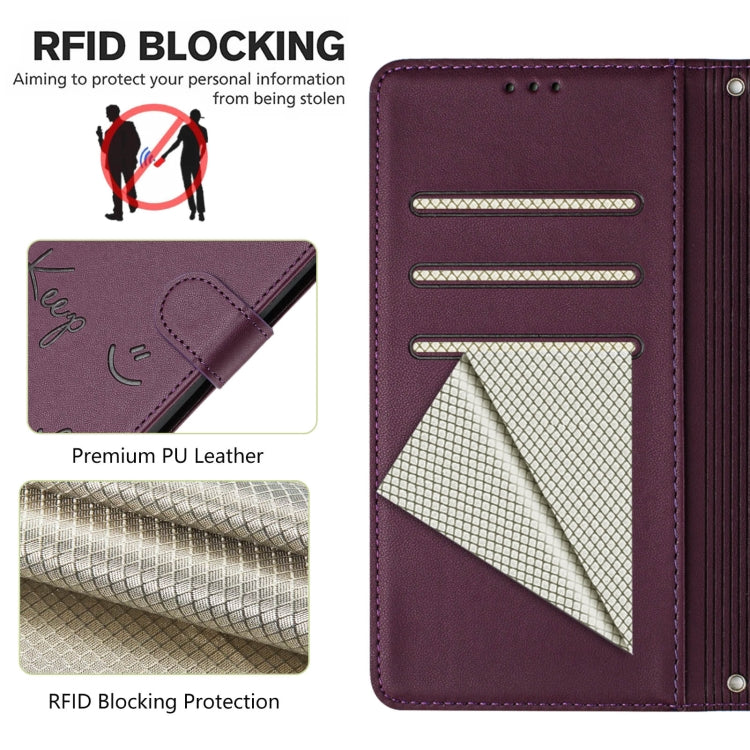 For Samsung Galaxy S25+ 5G Smile Embossing RFID Leather Phone Case(Violet) - Galaxy S25+ 5G Cases by buy2fix | Online Shopping UK | buy2fix