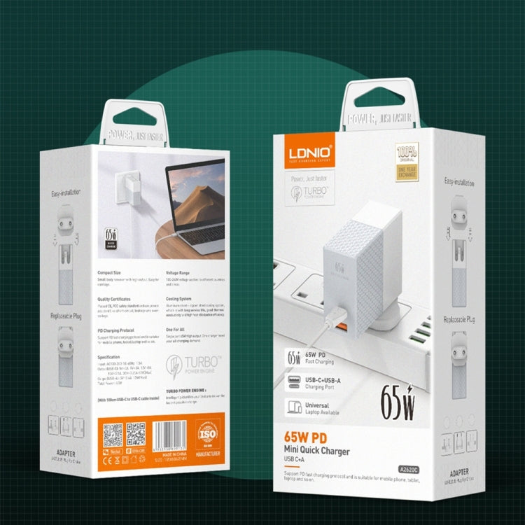 LDNIO A2620C PD3.0 65W USB Power Adapter Travel Charger with Type-C to Type-C Cable, UK Plug by LDNIO