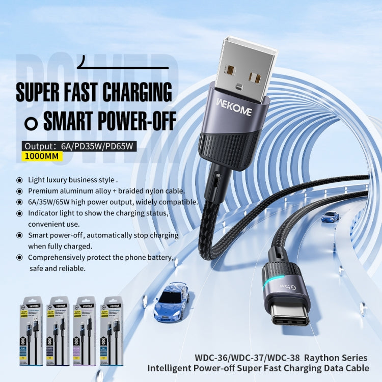 WK WDC-36a Intelligent Power-off 1m 6A USB to Type-C Fast Charging Data Cable(Black) - USB-C & Type-C Cable by WK | Online Shopping UK | buy2fix