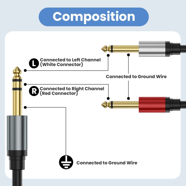 0.3m Gold Plated 6.35mm Male Dual Sound TRS Stereo to 2 x 6.35mm Male TS Mono Y Splitter Adapter Audio Cable(Black) - Video & Audio Cable by buy2fix | Online Shopping UK | buy2fix