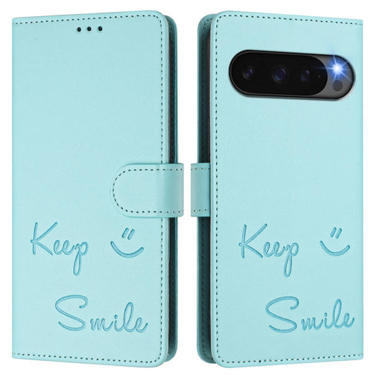 For Google Pixel 10 5G / 10 Pro 5G Global Smile Embossing RFID Leather Phone Case(Mint Green) - Google Cases by buy2fix | Online Shopping UK | buy2fix