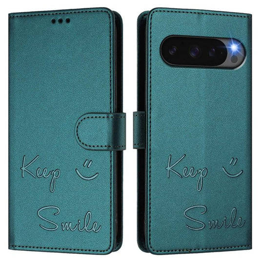 For Google Pixel 10 5G / 10 Pro 5G Global Smile Embossing RFID Leather Phone Case(Peacock Green) - Google Cases by buy2fix | Online Shopping UK | buy2fix