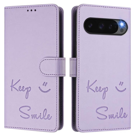 For Google Pixel 10 Pro XL 5G Global Smile Embossing RFID Leather Phone Case(Light Purple) - Google Cases by buy2fix | Online Shopping UK | buy2fix