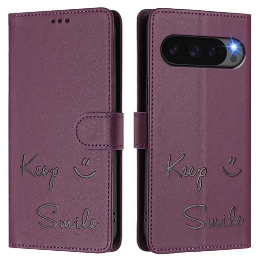 For Google Pixel 10 Pro XL 5G Global Smile Embossing RFID Leather Phone Case(Violet) - Google Cases by buy2fix | Online Shopping UK | buy2fix