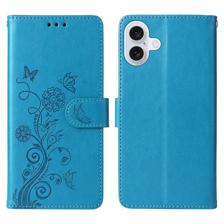 For iPhone 16 Embossed Butterfly Flowers Leather Phone Case(Blue) - iPhone 16 Cases by buy2fix | Online Shopping UK | buy2fix